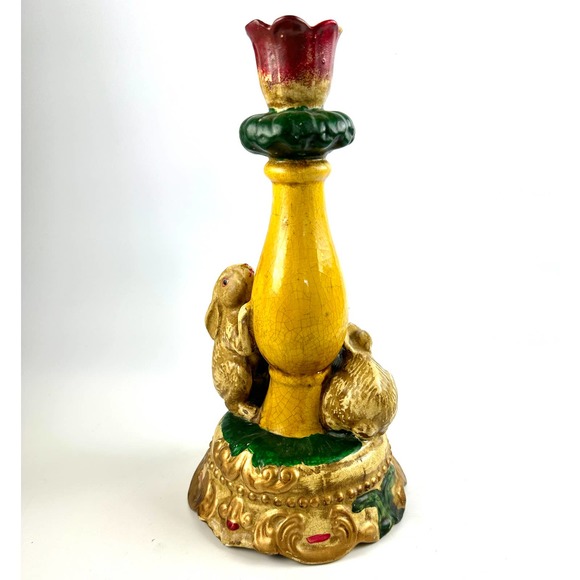 Vintage Bunny Rabbits Candle Stick Holder Rustic Whimsical Green Yellow Beige - Picture 2 of 10